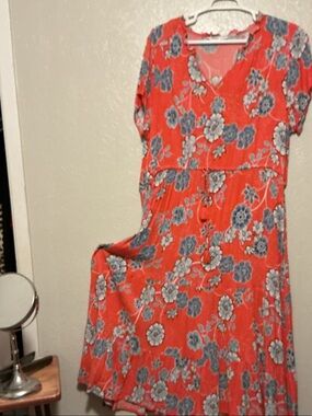 Sonoma Coral Floral Maxi Dress with Blue Accents